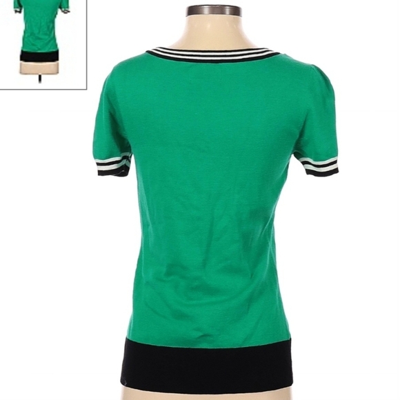 Elle Short Sleeve Sweater Top Green Black White Bow Collar Women's XS Preppy EUC - Picture 2 of 8